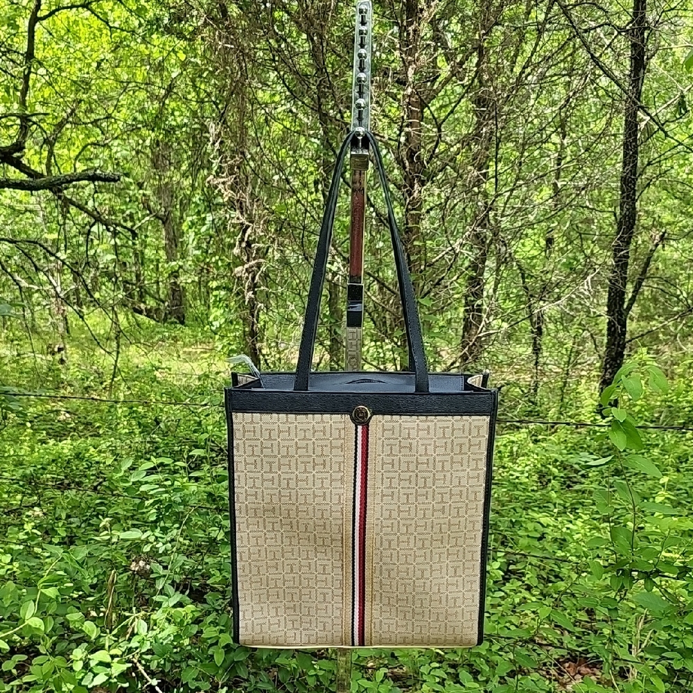 Tommy Hilfiger Beige Canvas Tote with Navy Trim and Red-White Stripe